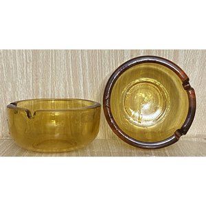 Amber Glass Ashtray Round 2 Slot‎ 3.75” Vintage MCM  Cigarette Pair